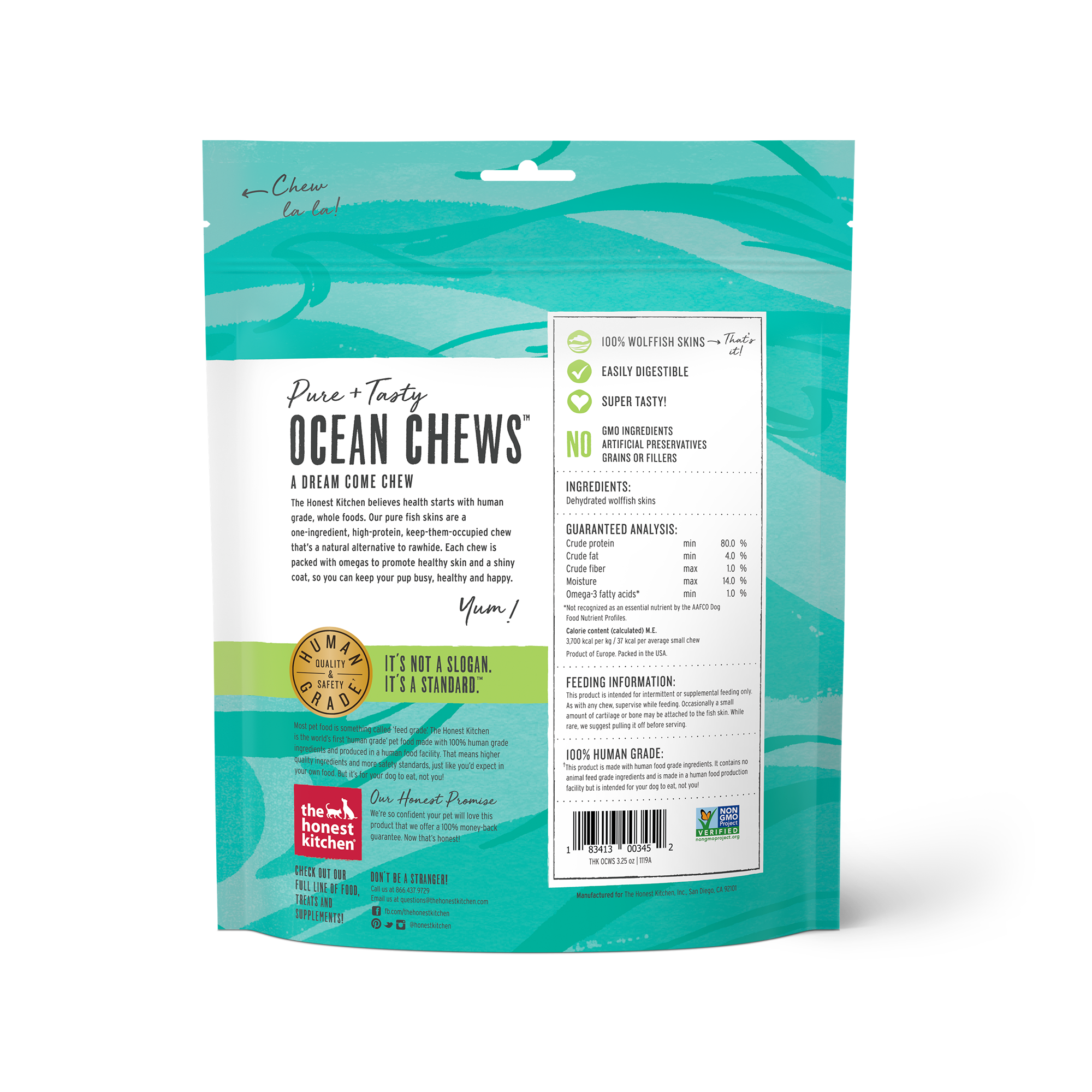 The Honest Kitchen Ocean Chews Beams Dog Treat Wolffish Skins 3.25oz