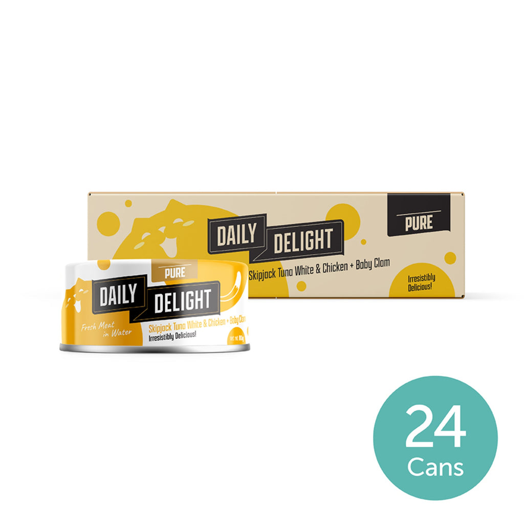 Daily Delight Pure Skipjack Tuna White and Chicken with Baby Clam Meat in Water Cat Wet Food 80g Carton Deal
