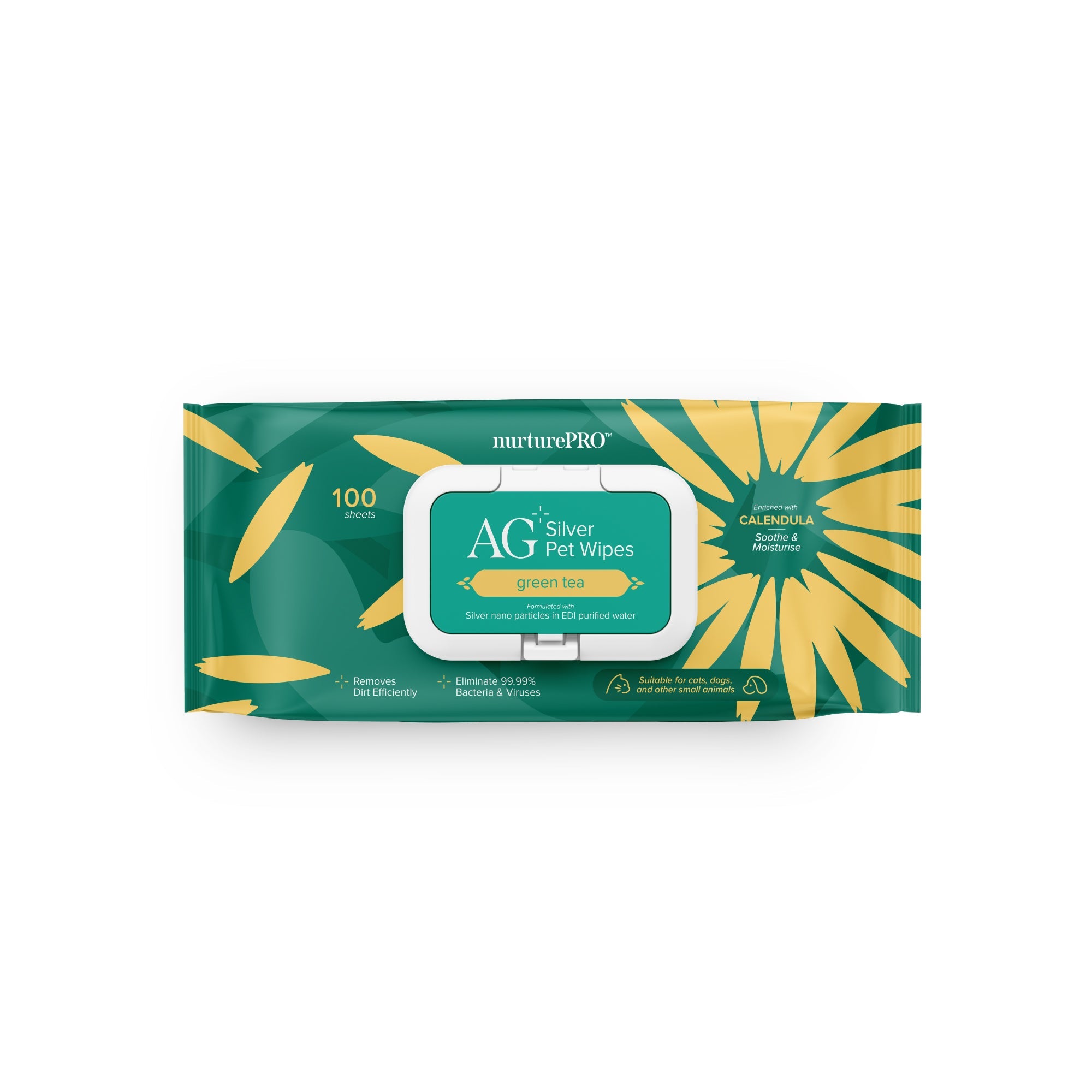 nurturepro AG Plus Colloidal Silver Green Tea Scent Pet Wipes 100 Sheets for Dogs, Cats and Small Pets