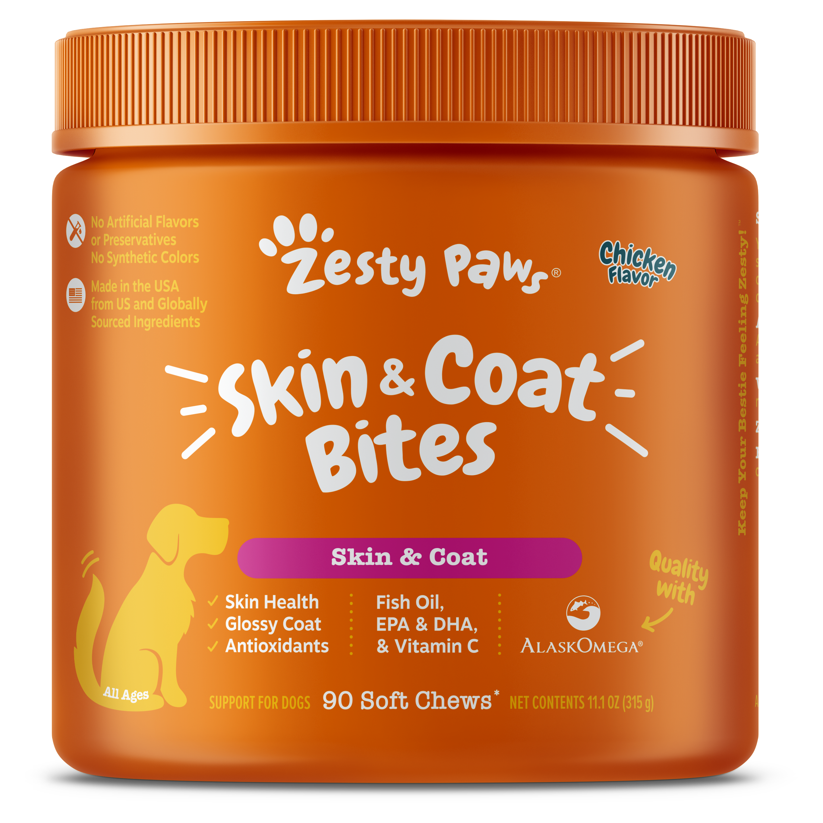 Zesty Paws Skin & Coat Bites Dog Supplements Chicken 90ct