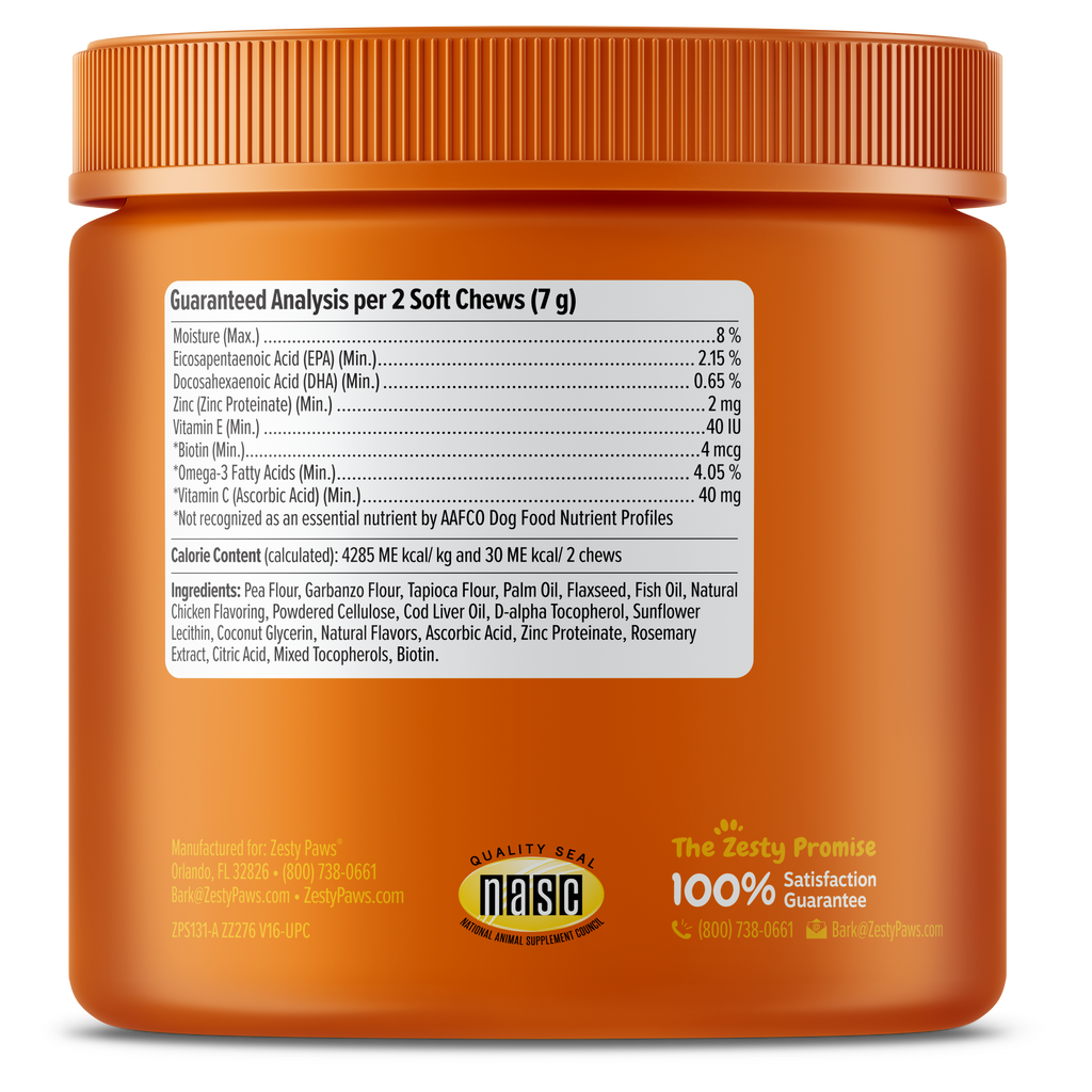 Zesty Paws Skin & Coat Bites Dog Supplements Chicken 90ct