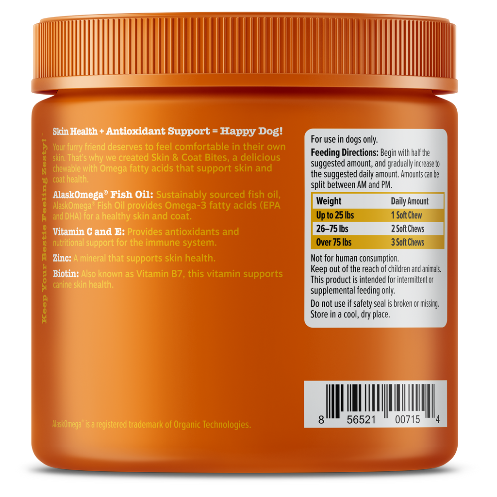 Zesty Paws Skin & Coat Bites Dog Supplements Chicken 90ct